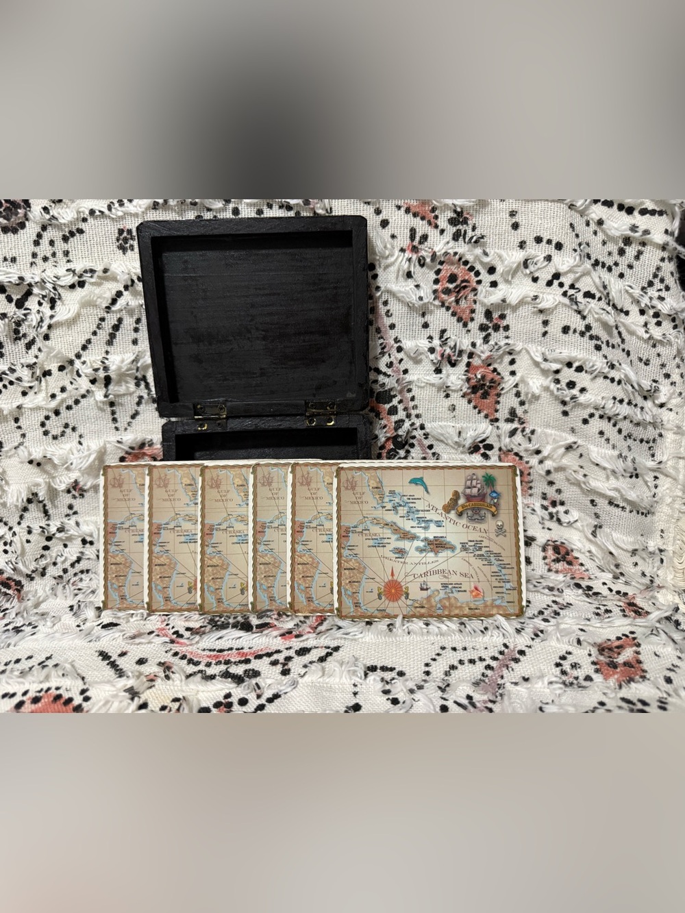 Vintage Map Tile Coaster Set with Wooden Storage Box - Brown
